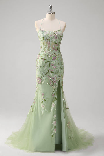 Corsé halter sirena verde con apliques Vestido de fiesta largo con abertura